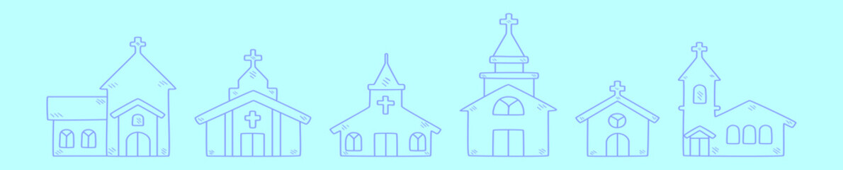 set of abbey cartoon icon design template with various models. vector illustration isolated on blue background