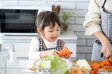 料理をする日本人の女の子と母親