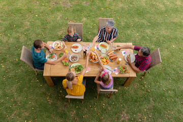 Overhead view of caucasian three generation family at table eating meal in garden making a toast - Powered by Adobe