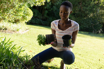 African american woman gardening on sunny garden terrace