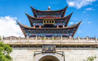 Wuhua Lou tower scenic view and blue sky in Dali old town Yunnan China