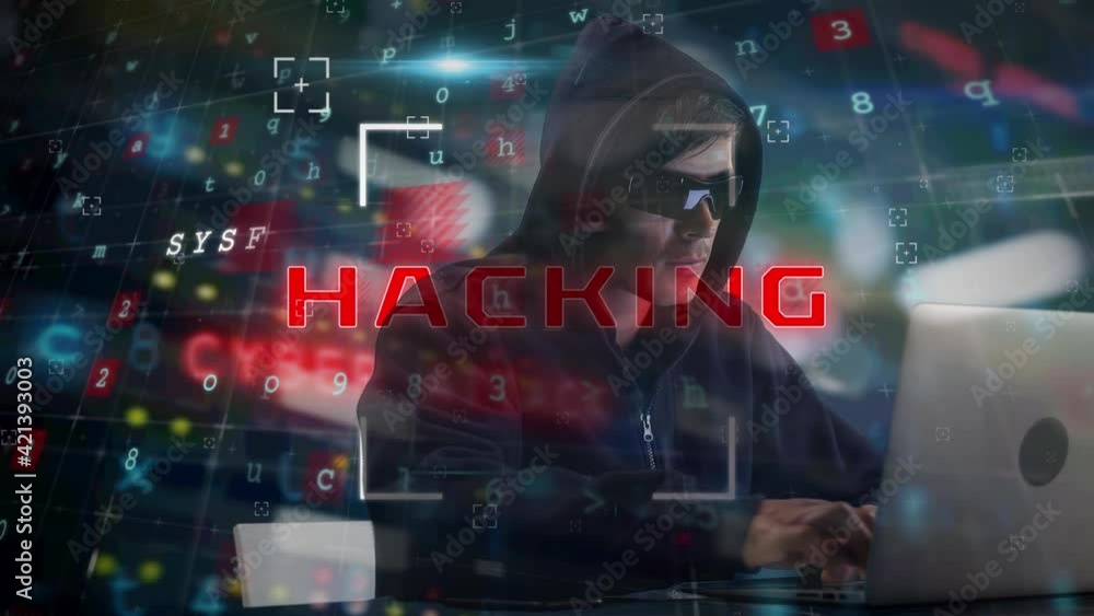 Poster animation of online security warning text over hacker in hood and sunglasses using laptop