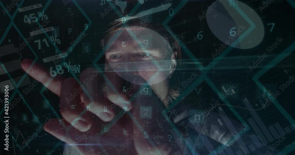 Poster animation of online security warning text over hacker using interactive screen
