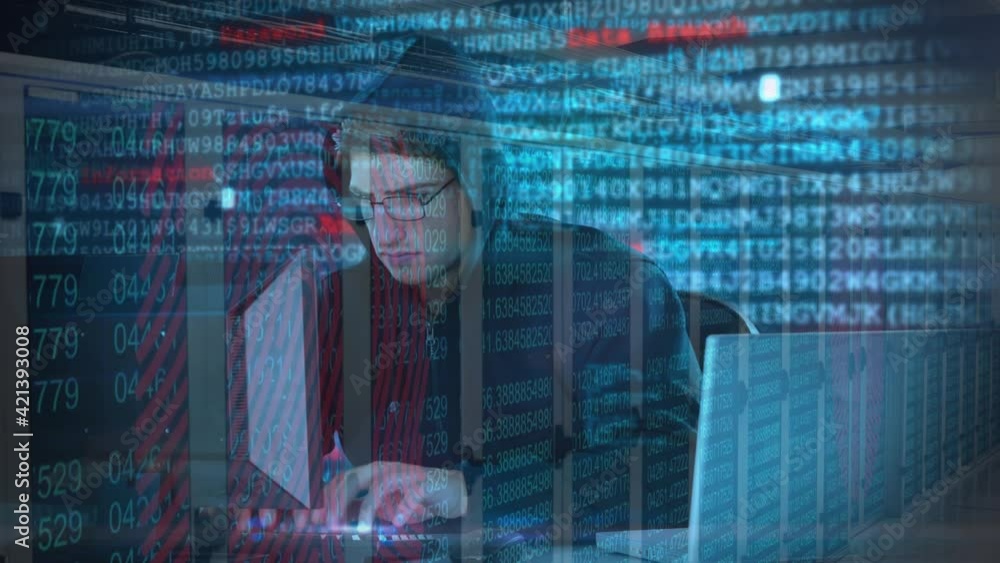 Poster animation of online security warning text over hacker in hood using laptop