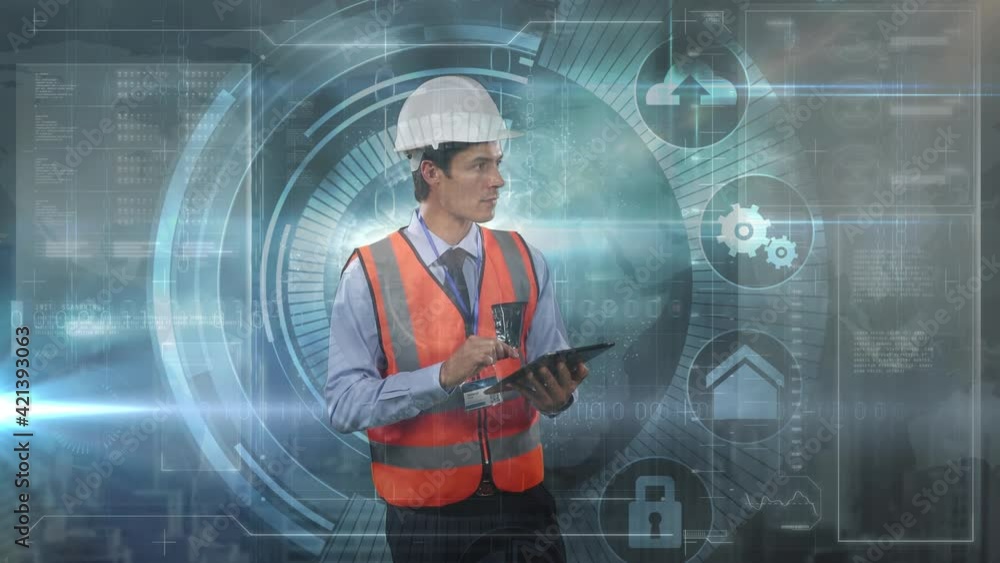Poster animation of spinning globe with network of digital icons with man using tablet