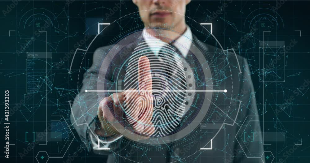 Poster animation of scope scanning and biometric fingerprint with businessman touching interactive screen