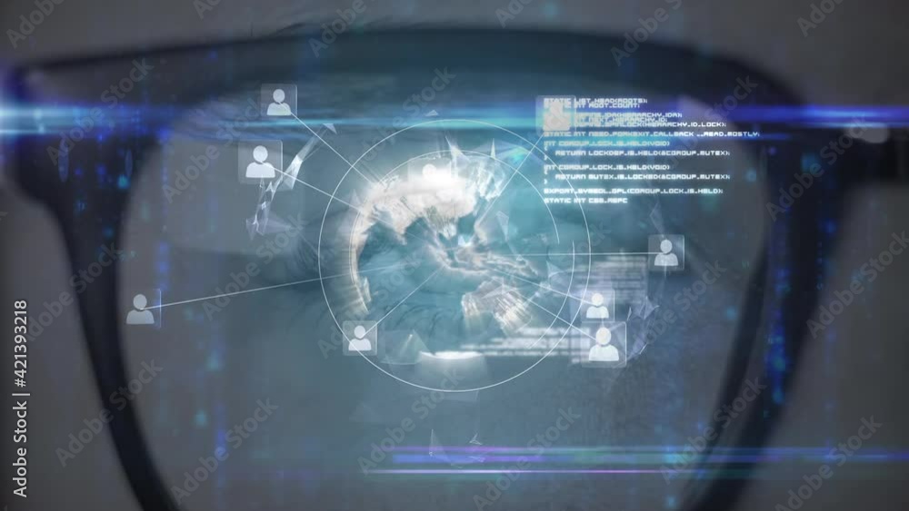 Poster animation of data processing with networks of connections over glasses and eye
