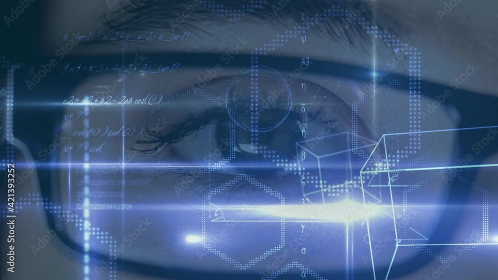 Poster animation of mathematical data processing with geometric figures over glasses and eye