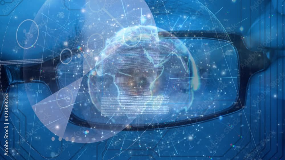 Poster Animation of globe with networks of connections and data processing over glasses and eye