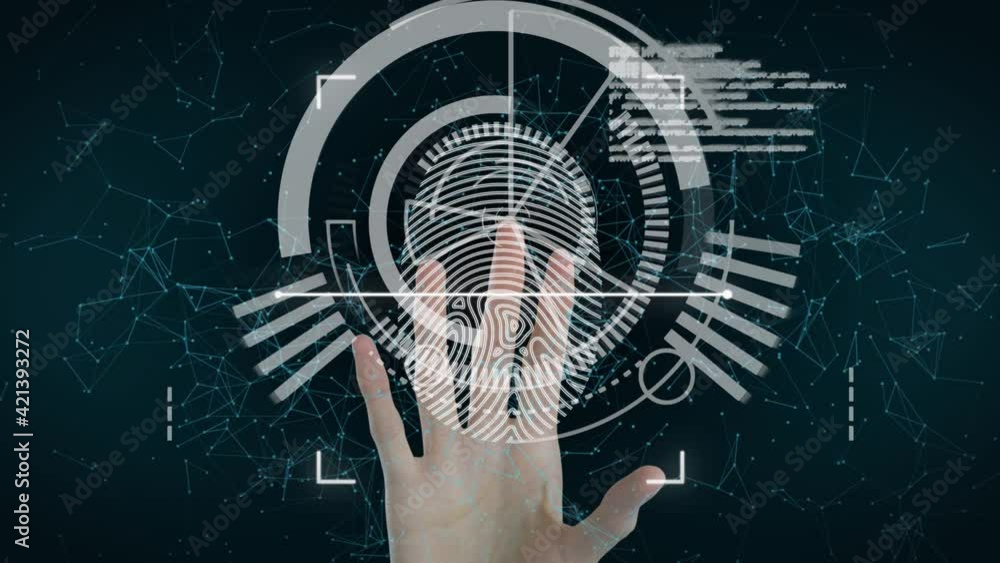 Poster animation of data processing with biometric fingerprint and scope scanning