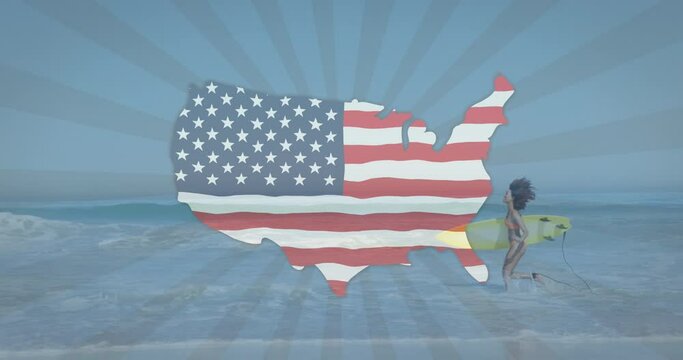 Animation of american flag map waving over smiling woman running with surfboard on the beach