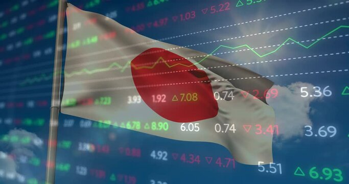 Animation of financial statistics recording over flag of japan waving