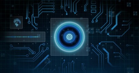 Animation of scope scanning and data processing on screen with circuit board elements in background - Powered by Adobe