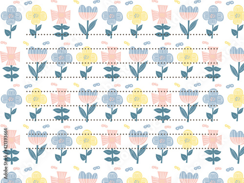 ピンクと青と黄色の北欧お花のパターンお手紙フレーム Wall Mural Nappa