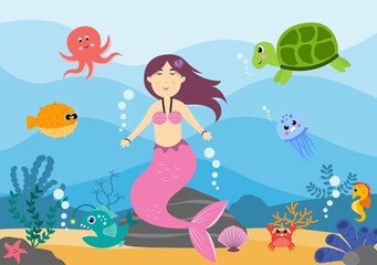 Obraz na płótnie Canvas Underwater Mermaid Vector Illustration Cute Sea Animals Cartoon Characters Along with Fish, Turtle, Octopus, Seahorse, Crab