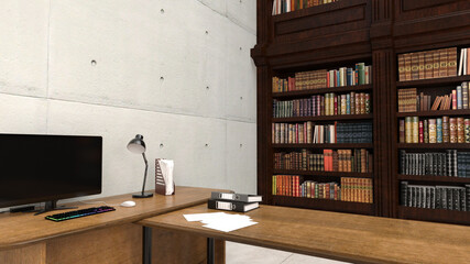 Fototapete テレビ会議背景用 Zoom会議背景用 Cg 部屋 ラウンジ コンクリート打ち放し 本棚 書斎 Pc パソコン Video Conferencing Kx59