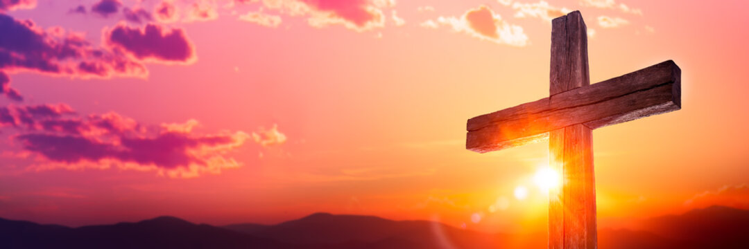 Wooden Cross At Sunrise With Mountain Landscape - Crucifixion And Resurrection Of Jesus Christ