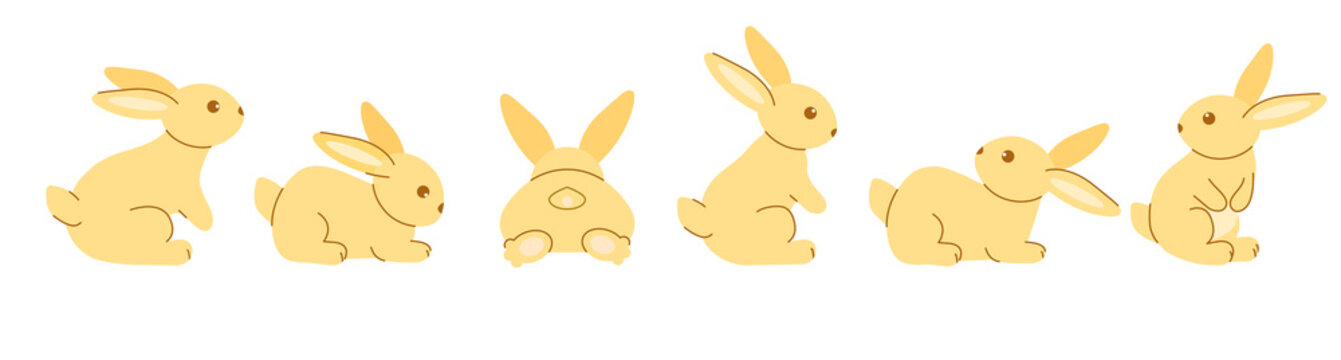 A set of cute yellow rabbits. Six colored sitting and recumbent bunnies on a white background. Festive Easter bunnies. Vector illustration