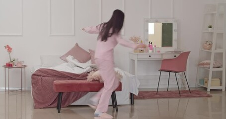 Morning of hurrying overslept woman in bedroom