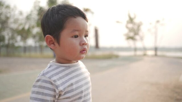 little boy standing looks around himself with inquisitive eyes in the park.Happy Asian family conception.