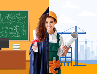Female African-American engineer on light background