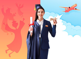 Comparison portrait of young woman in bachelor robe and uniform of stewardess on color background....
