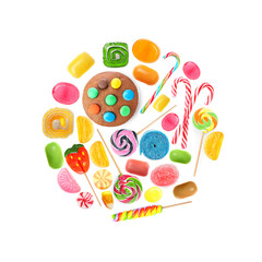 Set of different sweets on white background