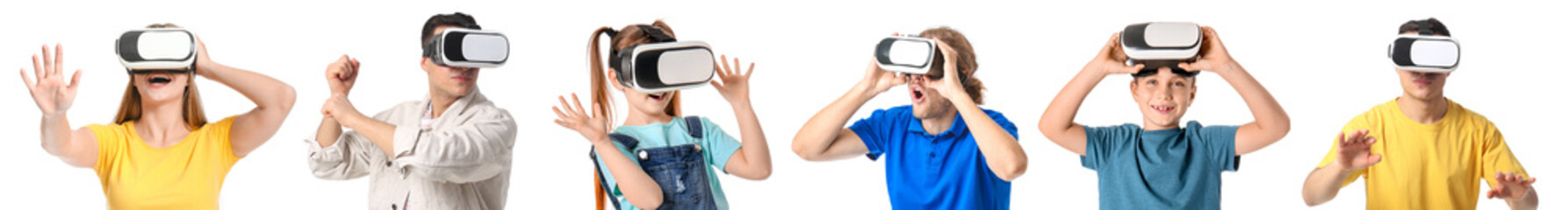 Different people with virtual reality glasses on white background