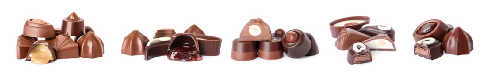 Set of delicious chocolate candies on white background