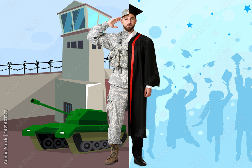 Sticker comparison portrait of young man in bachelor robe and uniform of soldier