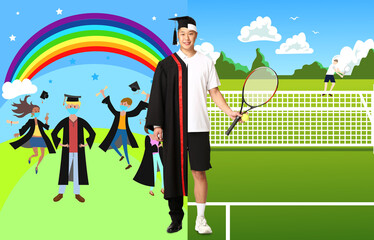 Comparison portrait of young Asian man in bachelor robe and uniform of tennis player