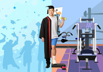 Comparison portrait of young Asian man in bachelor robe and uniform of sports coach