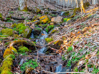 Small waterfalls in Appalachian forest in winter, leaves on ground