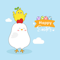 Happy Easter with chicks in egg shells