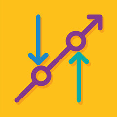 three line joining and merging become an arrow to same diagonal direction on yellow background, blue arrow, green arrow, purple arrow