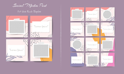 Social media feed post template set in grid puzzle style with organic shape background