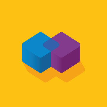 Two 3d Cube Merging Together On Yellow Background, Blue Cube, Purple Cube