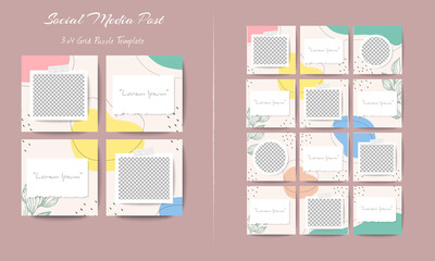 Social media feed post template set in grid puzzle style with organic shape background