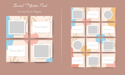 Social media feed post template set in grid puzzle style with organic shape background