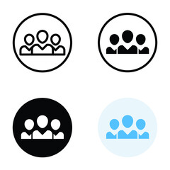 3 people icon in different style. Outline, glyph, solid, and flat style design. Multi user, circle, group, person, service concept. Crowd sign symbol. Vector illustration isolated. EPS 10.