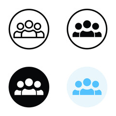 3 people icon in different style. Outline, glyph, solid, and flat style design. Multi user, circle, group, person, service concept. Crowd sign symbol. Vector illustration isolated. EPS 10.