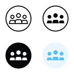 3 people icon in different style. Outline, glyph, solid, and flat style design. Multi user, circle, group, person, service concept. Crowd sign symbol. Vector illustration isolated. EPS 10.