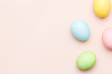 Happy Easter card with easter eggs in cream colors. Minimal easter concept with copy space for web banner. Copy space for text. Top view, flatlay.