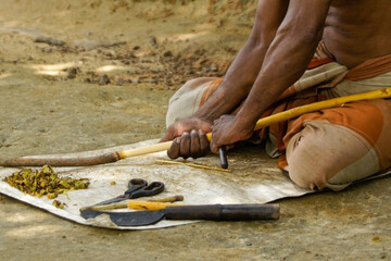 Man peeling cinnamon bark from branch, Sri Lanka