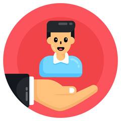 
Man and hand denoting flat icon of employee care  

