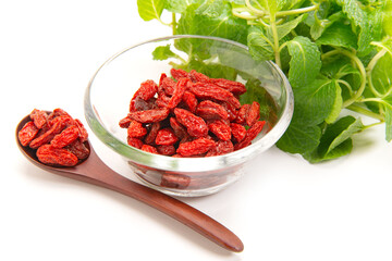 水で戻した乾燥クコの実とスペアミントの葉