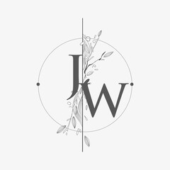 Letter JW Initial Logo with Hand Draw Floral, Initial Wedding Font Logo with Circle and Flowers.