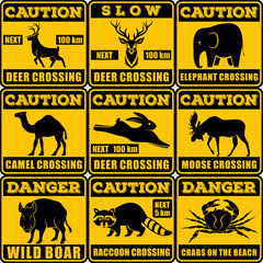 Set of Road signs - Attention Animal, Hare, Deer, Moose, Elephant, Crab, Camel, Boar, Racoon. Vector illustration