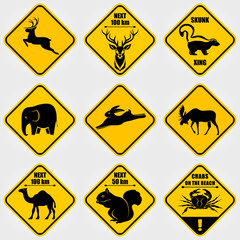 Set of Road signs - Attention Animal, Hare, Deer, Moose, Elephant, Crab, Camel, Squirrel, Skunk. Vector illustration