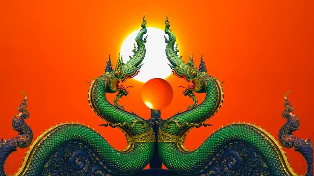 Two Naga status and pole in middle and sunset dark red sky on top of pole clear evening sky background time lapse
